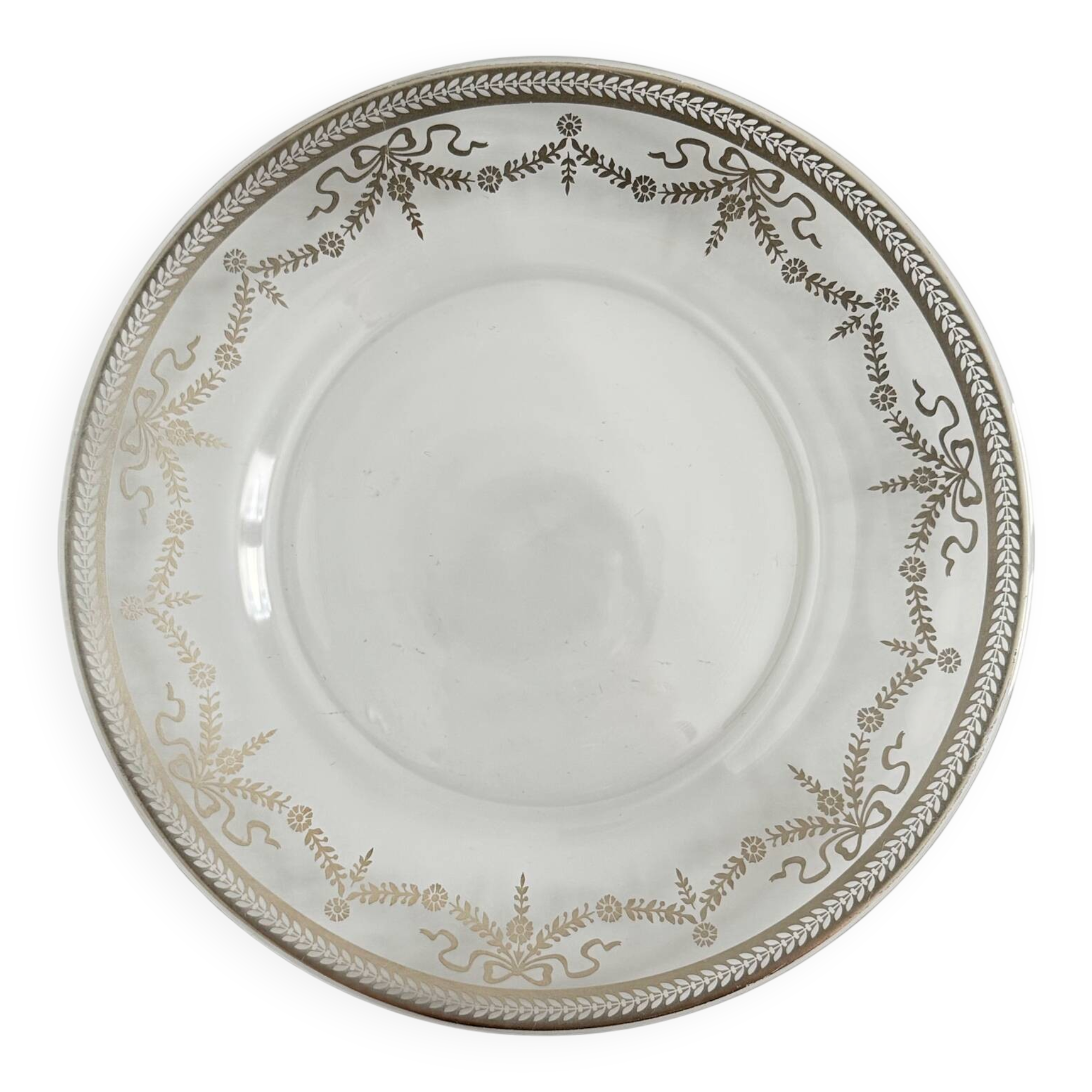 Vintage Glass Dessert Plate with Silver Ribbons/Bows and Garlands