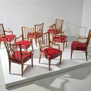 Austrian Dining Chairs in Walnut and Red Leather by Oswald Haerdtl from the Mid-Century