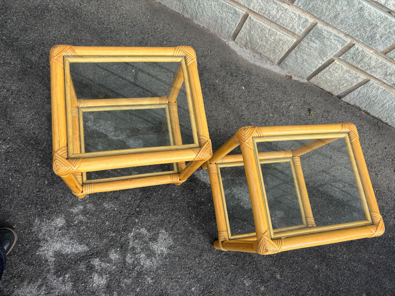 Pair of rattan and glass side tables – 1970s vintage style