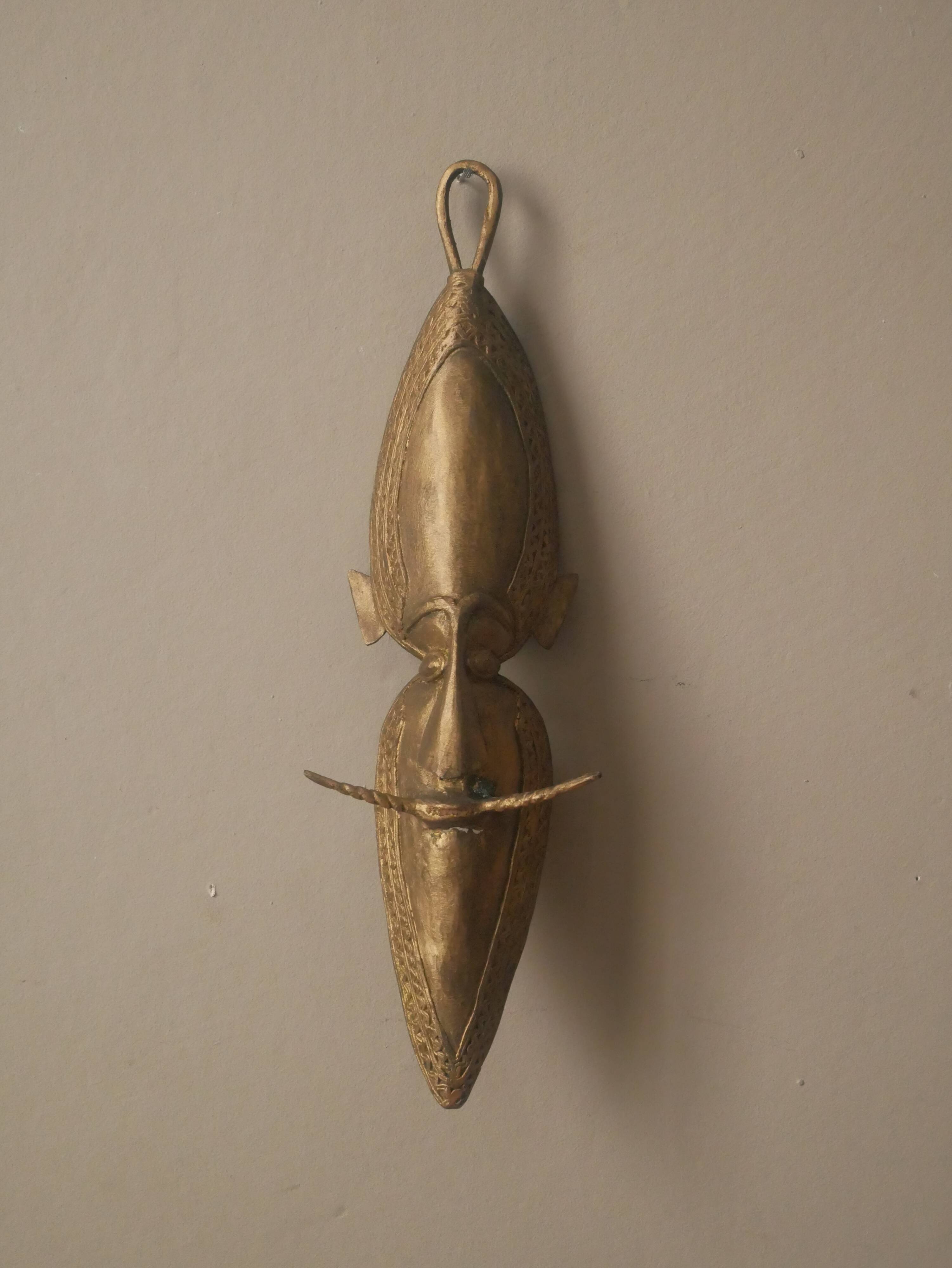 Brass mask tribal ethnic wall decoration object vintage African art handmade sculpture