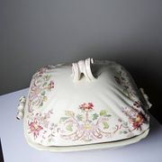 Antique Longchamp soup tureen/vegetable dish with polychrome daisies in ironstone.