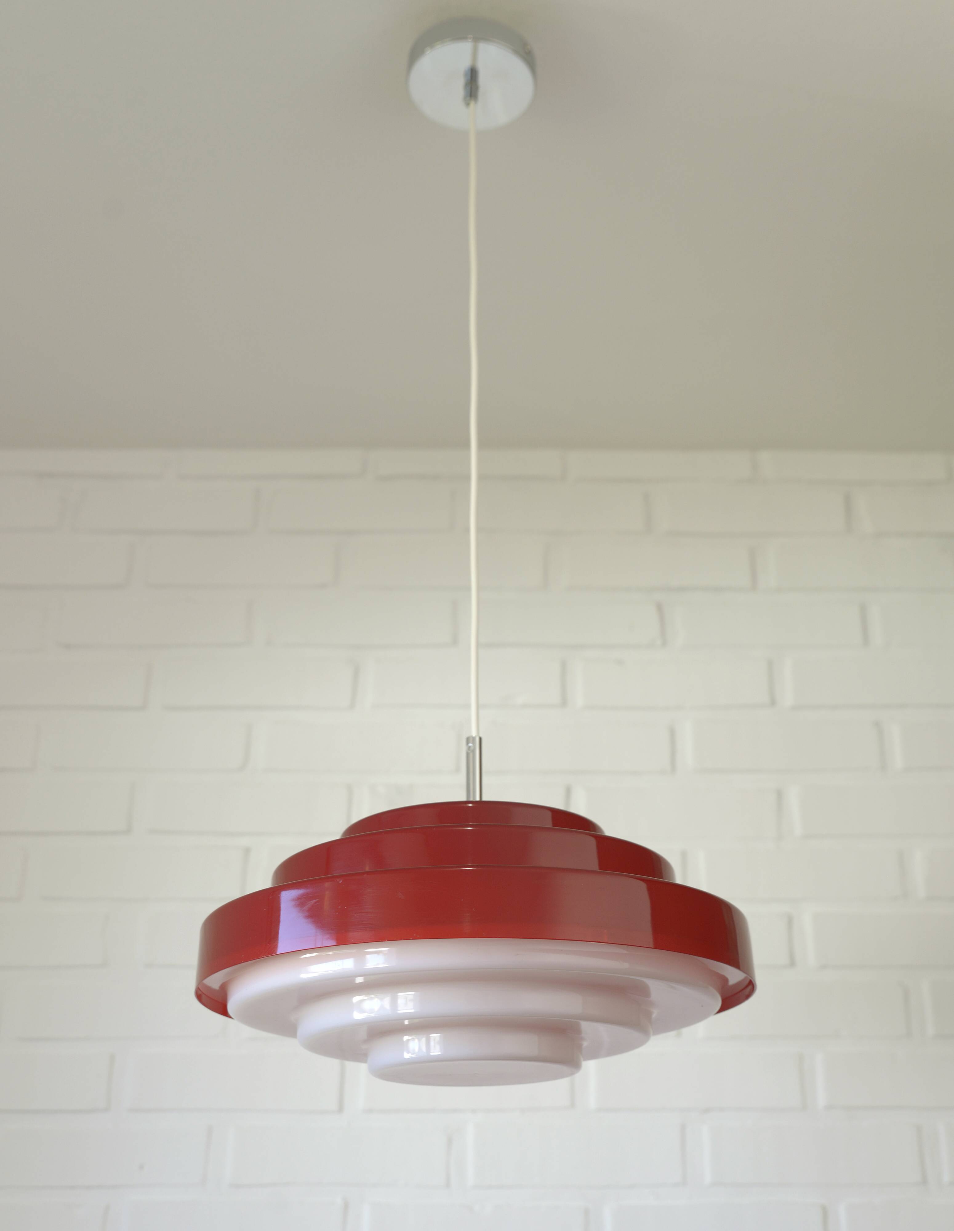 Vintage Scandinavian Design Hanging Lamp / Red Plastic Pendant Light 1970's