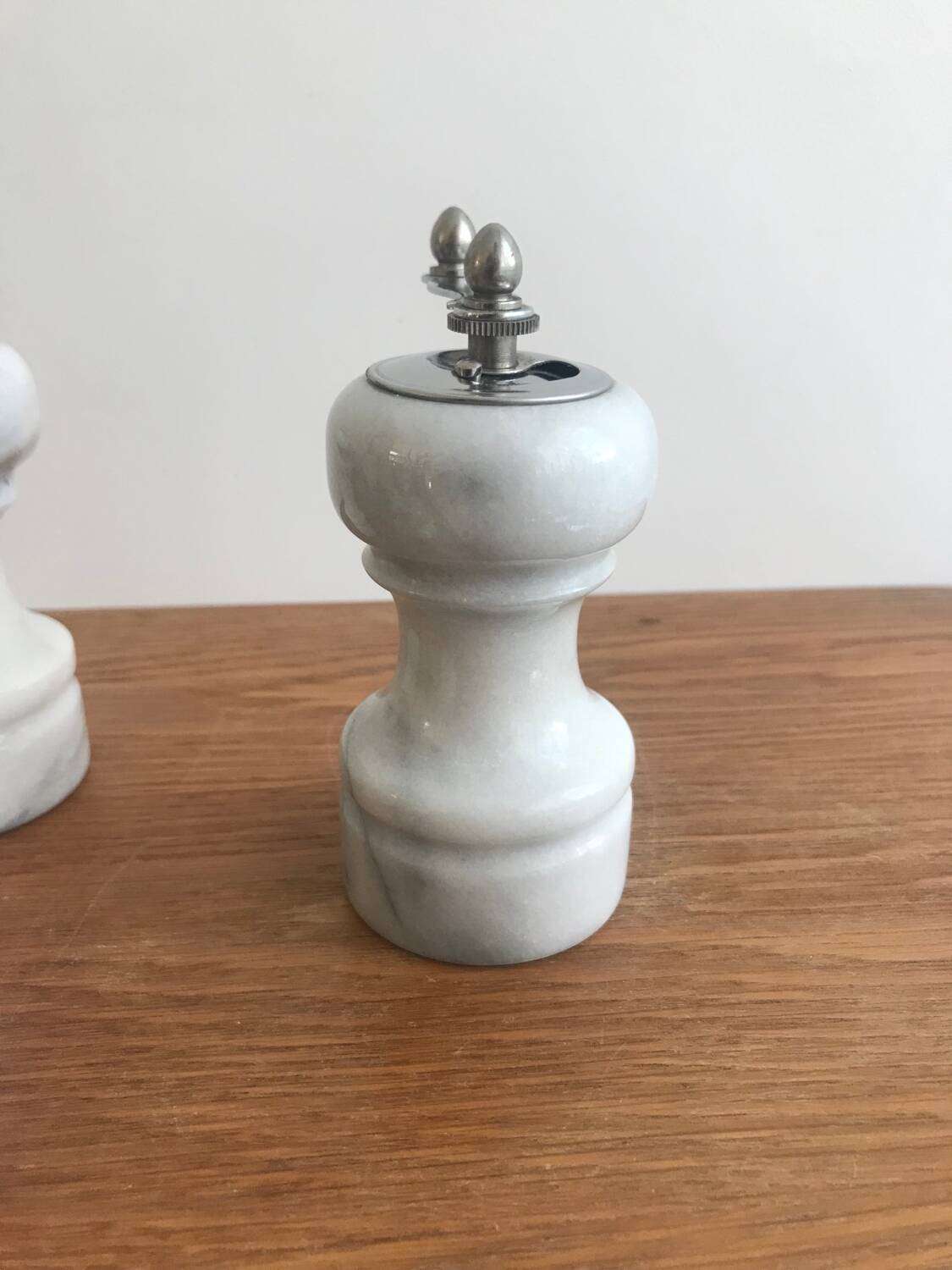 Vintage white marble salt/pepper/mustard shaker set