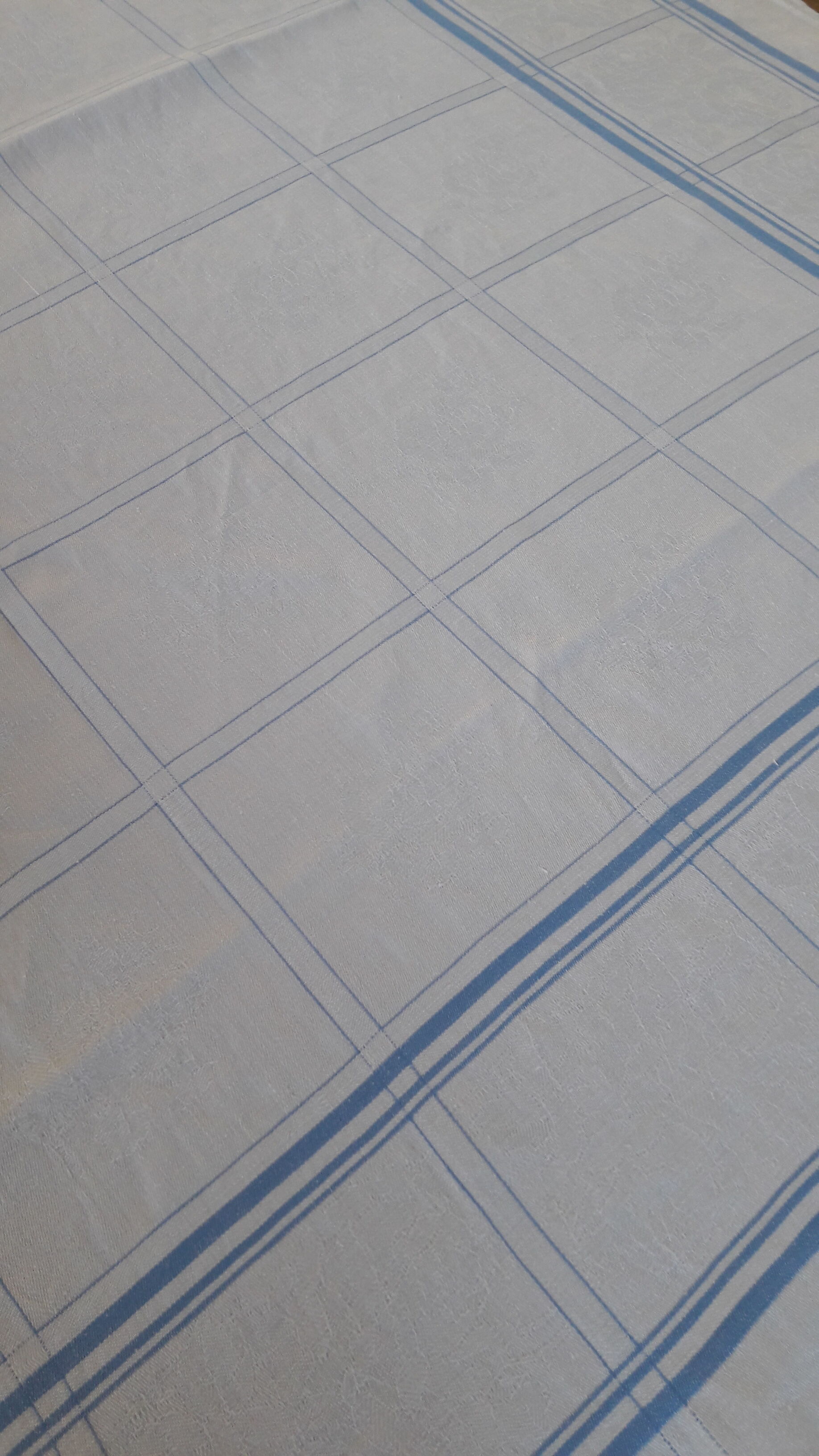 Old linen tablecloth damask white blue tiles and 6 towels