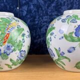 China circa 1900: pair of porcelain ball vases with birds and flowers