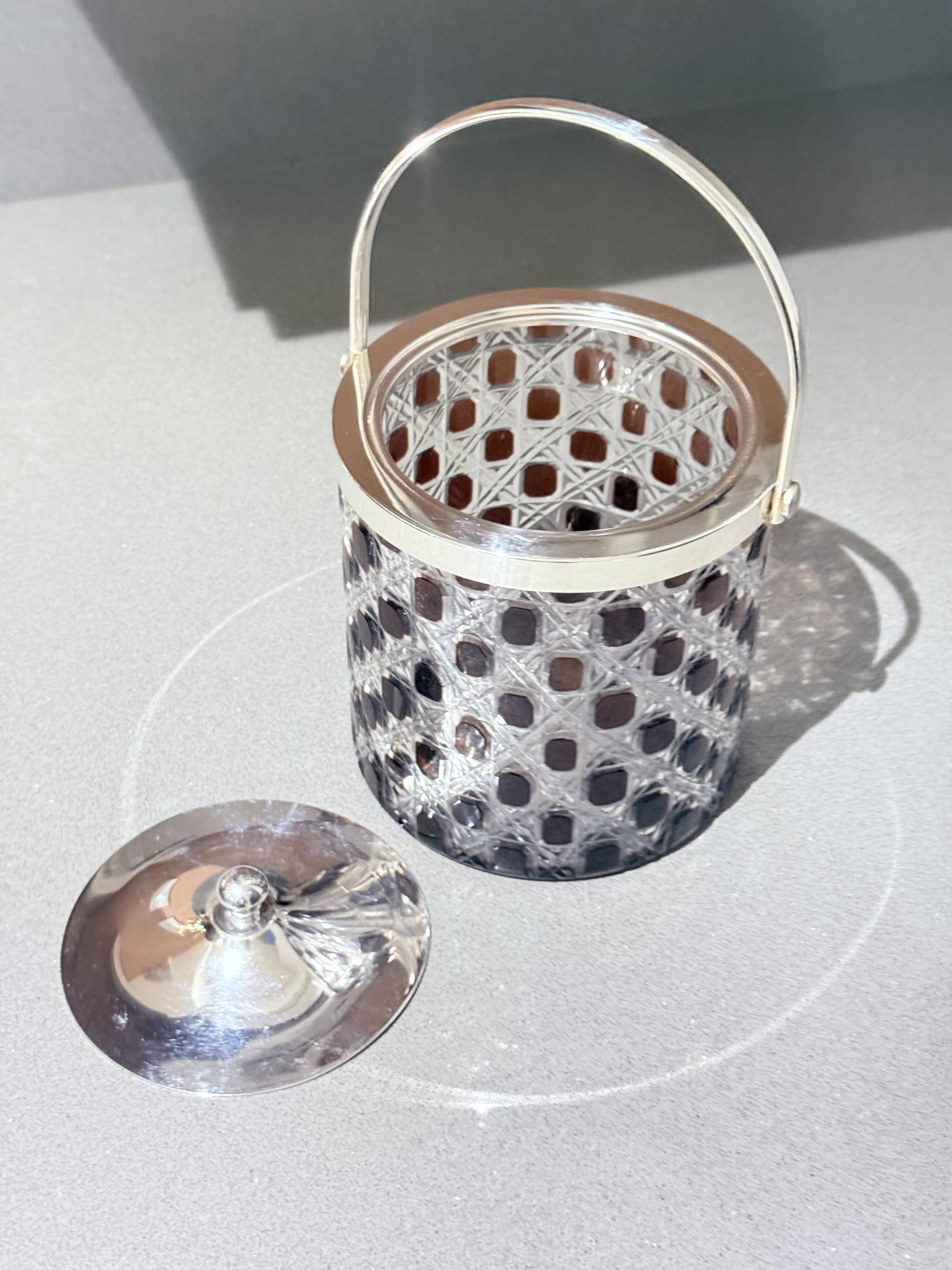 Vintage Cut Crystal Biscuit Box / Ice Bucket with Silver-Plated Lid and Handle