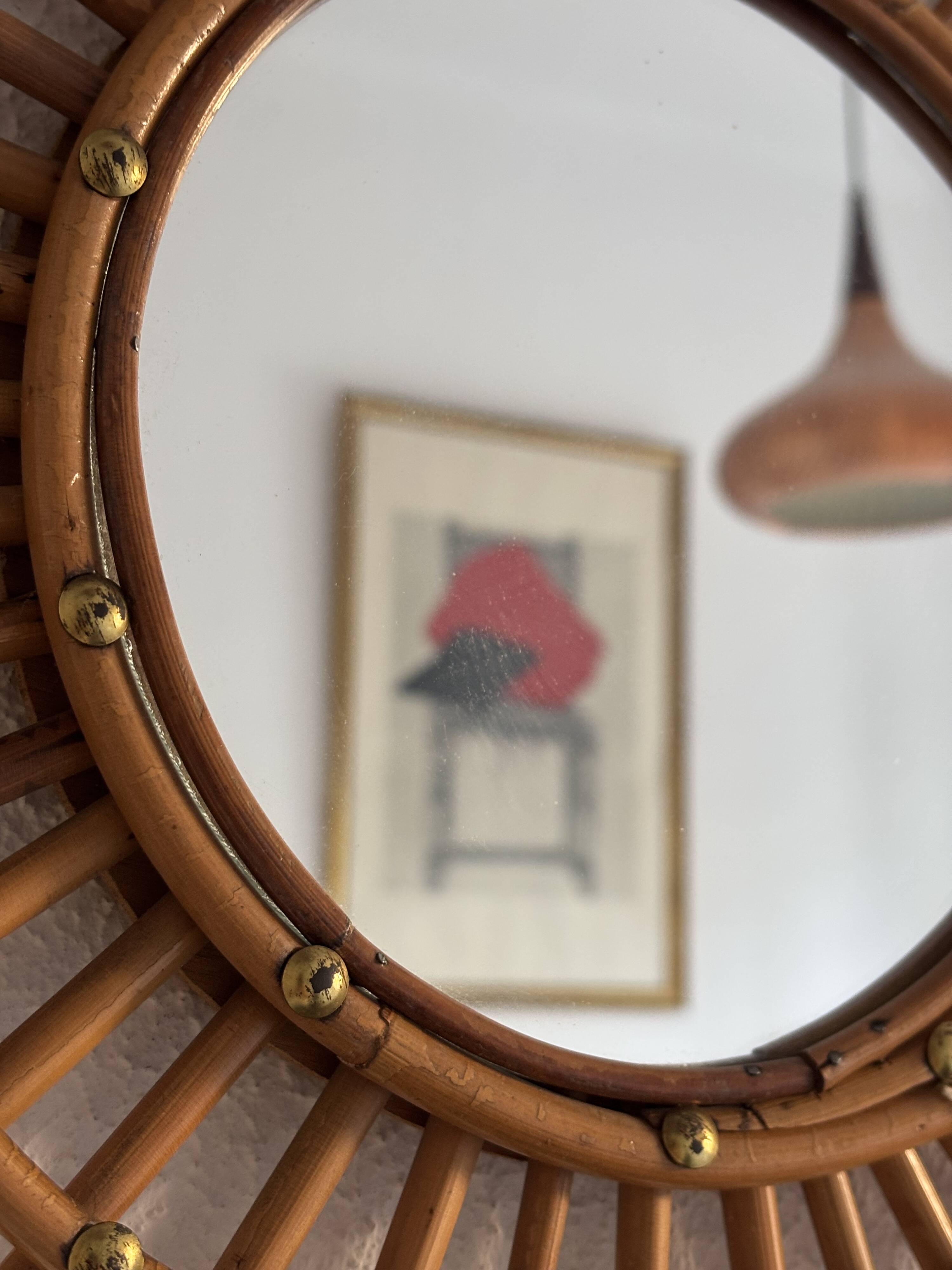 Vintage 1960s sun mirror, rattan, ORTF style, spiral eye - 66 x 50 cm