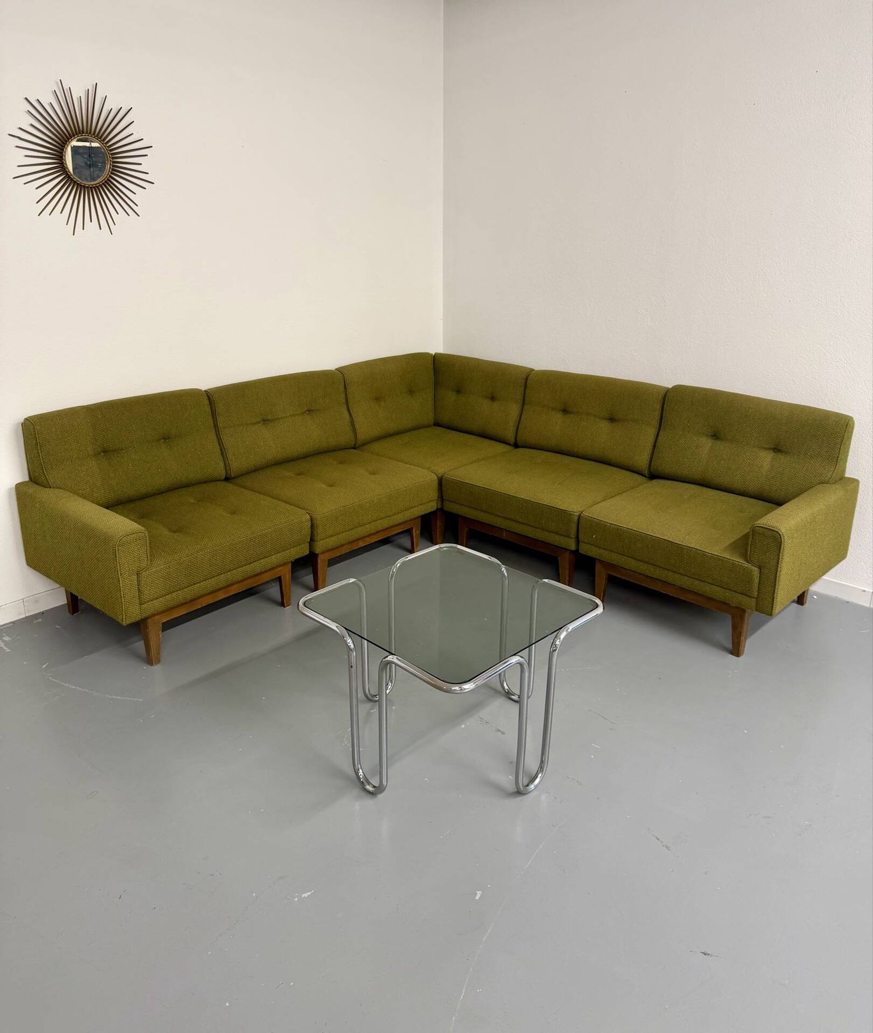 Vintage modular Scandinavian design green fabric corner sofa 1960s