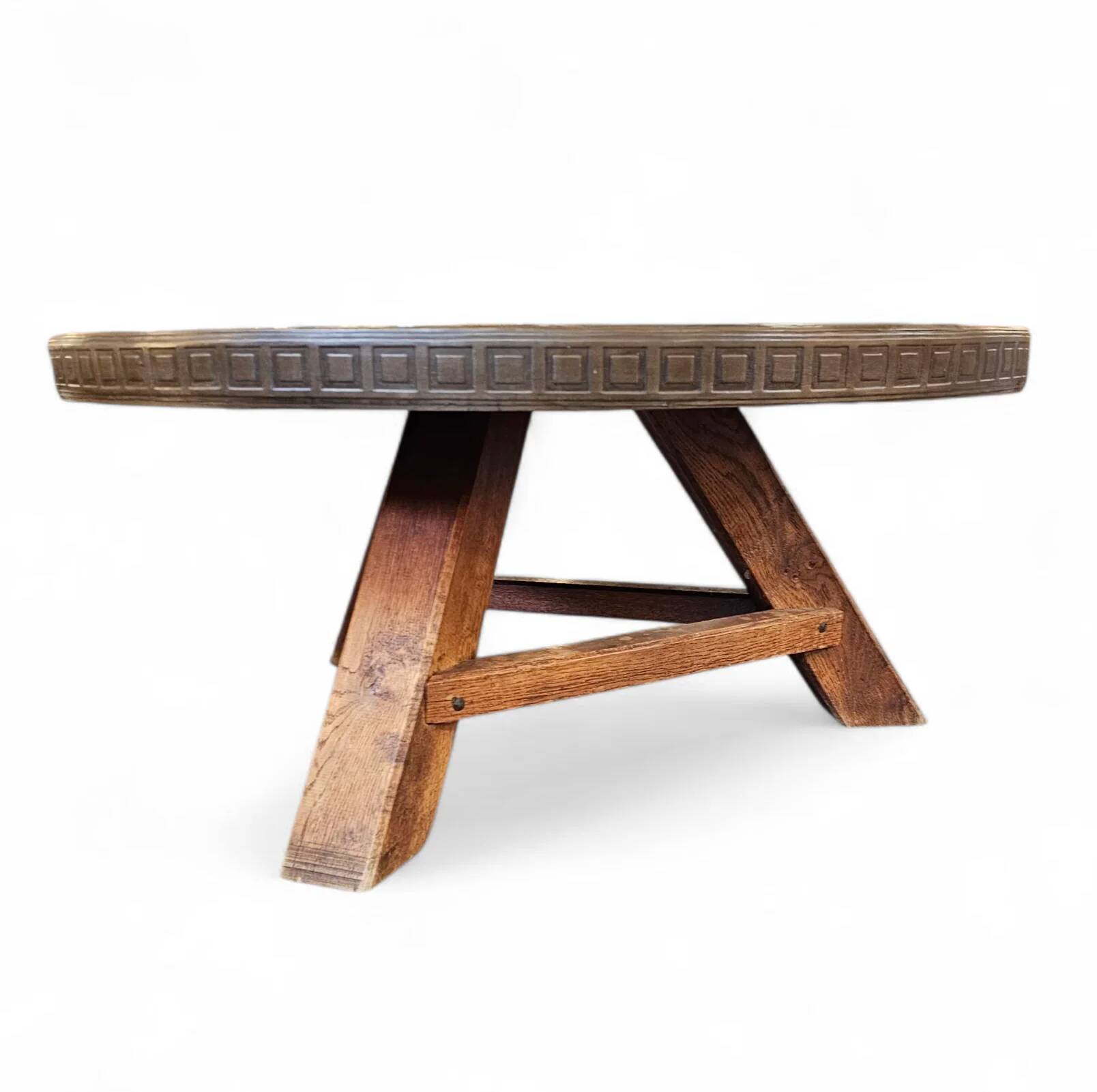 Round brutalis coffee table with brass / copper top / 1960s