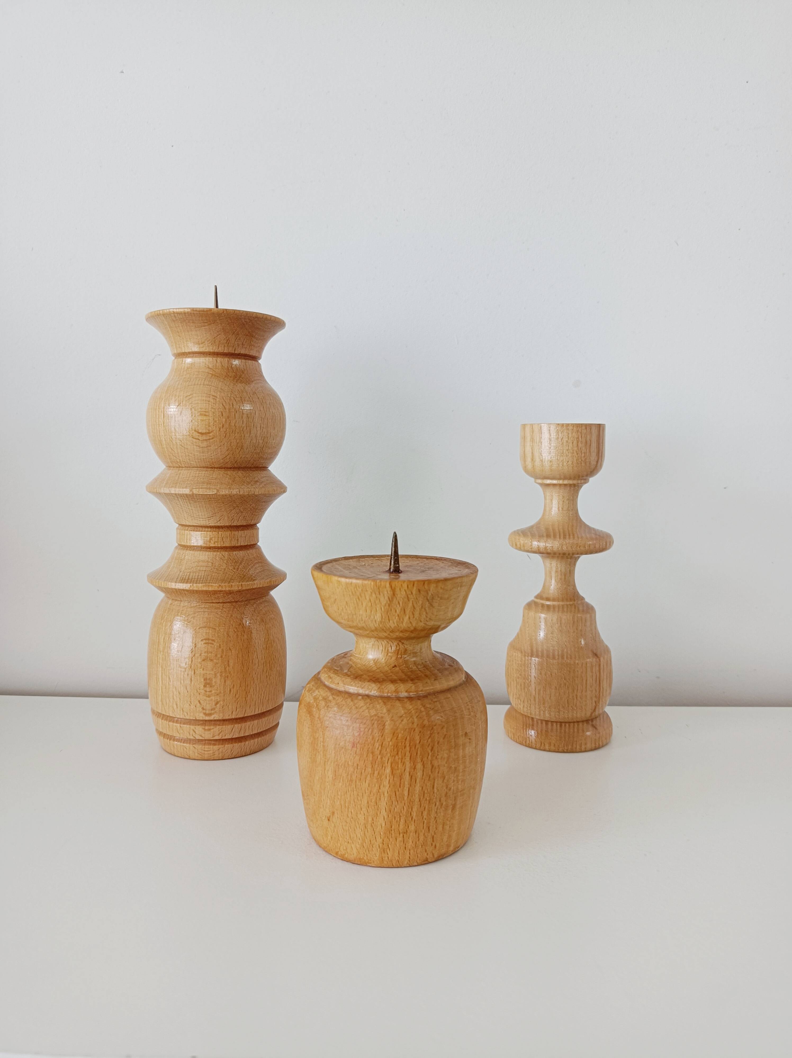 Set of 3 Scandinavian turned wooden candle holders