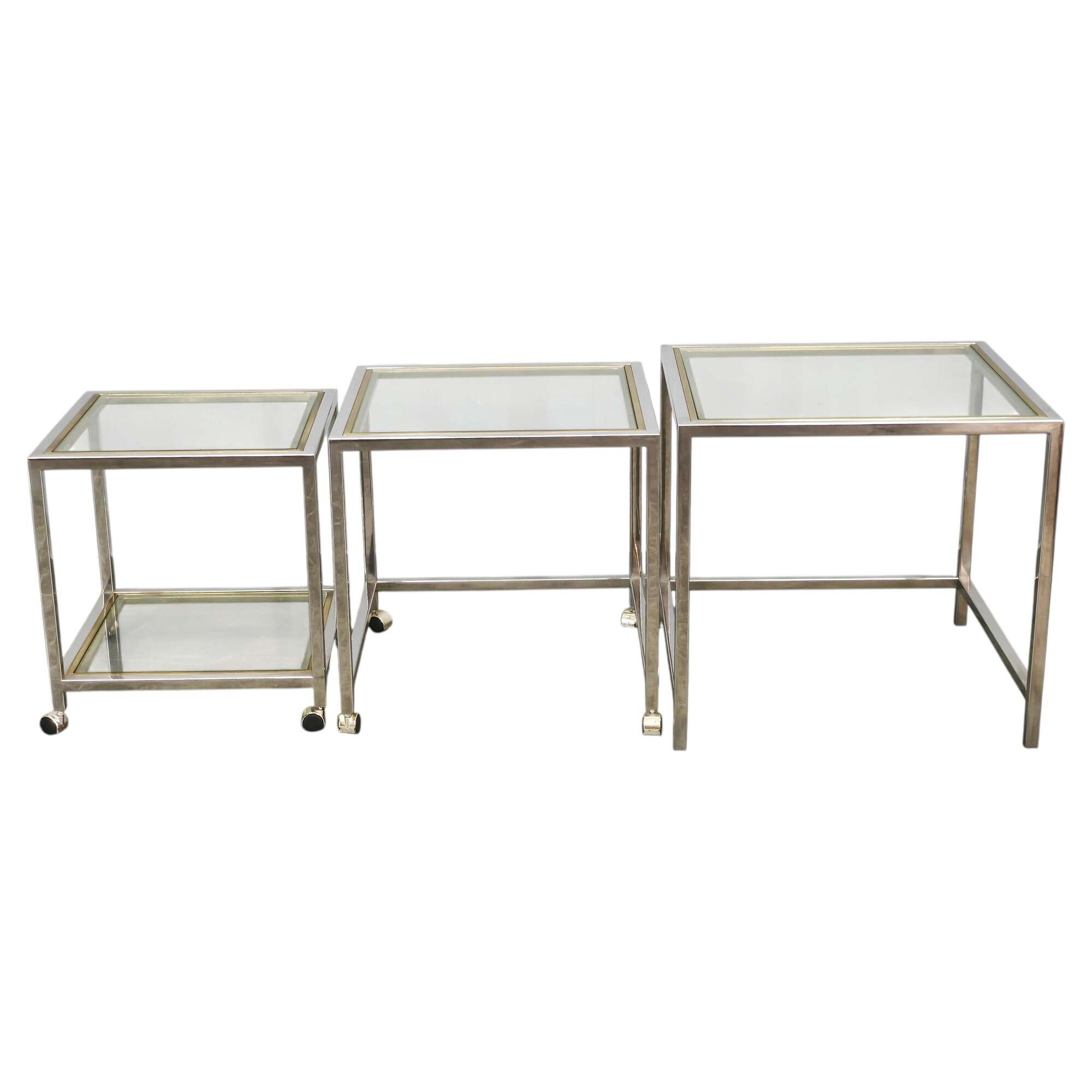 1970s Italian Chrome, Brass and Glass Nesting Tables, Set of Three
