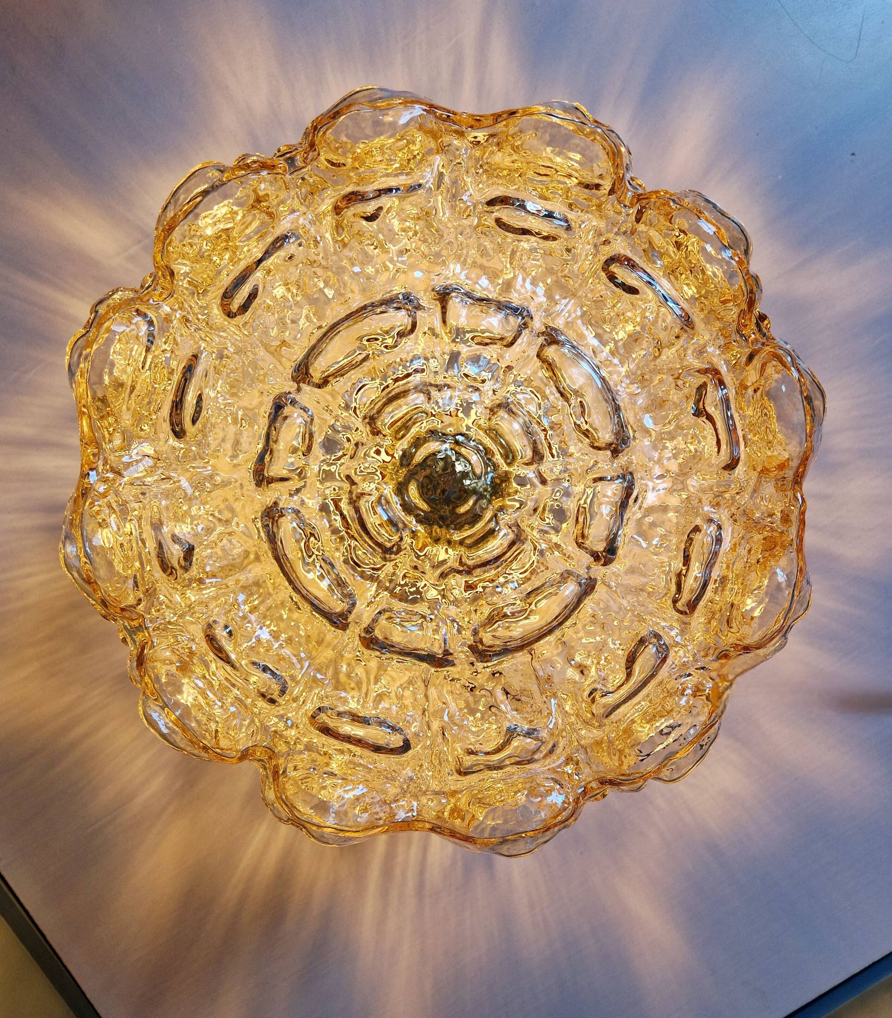 Brass and amber textured glass ceiling light, design by Helena Tynell, Limburg.