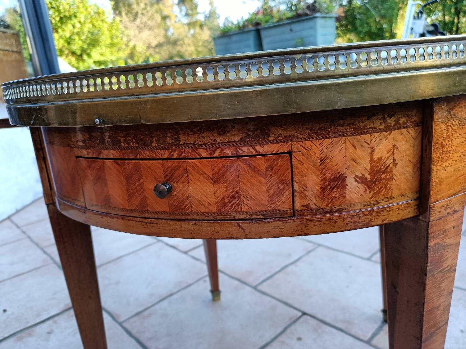 Antique Louis XVI style hot water bottle table with marble top