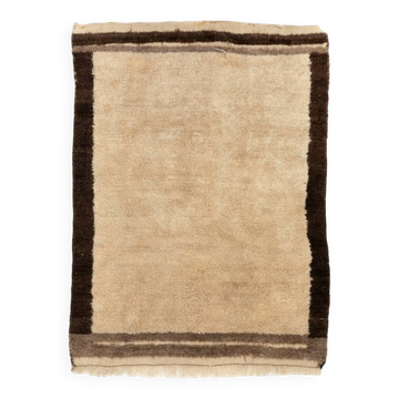 Tapis Tulu turc vintage fait à la main en beige avec une bordure marron, 100 % laine naturelle