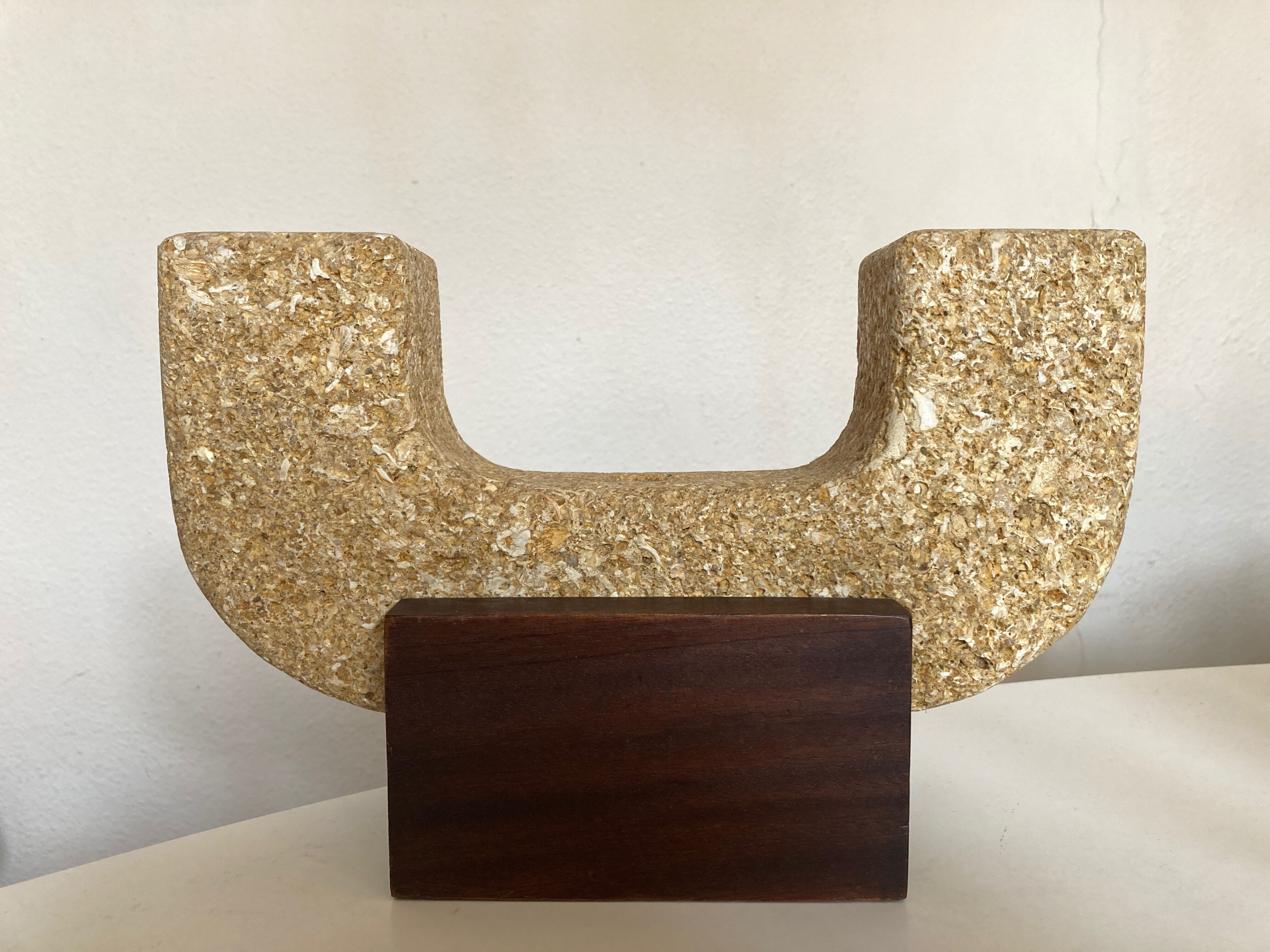 Brutalist XXL candle holder in stone and wood from the 1970s.