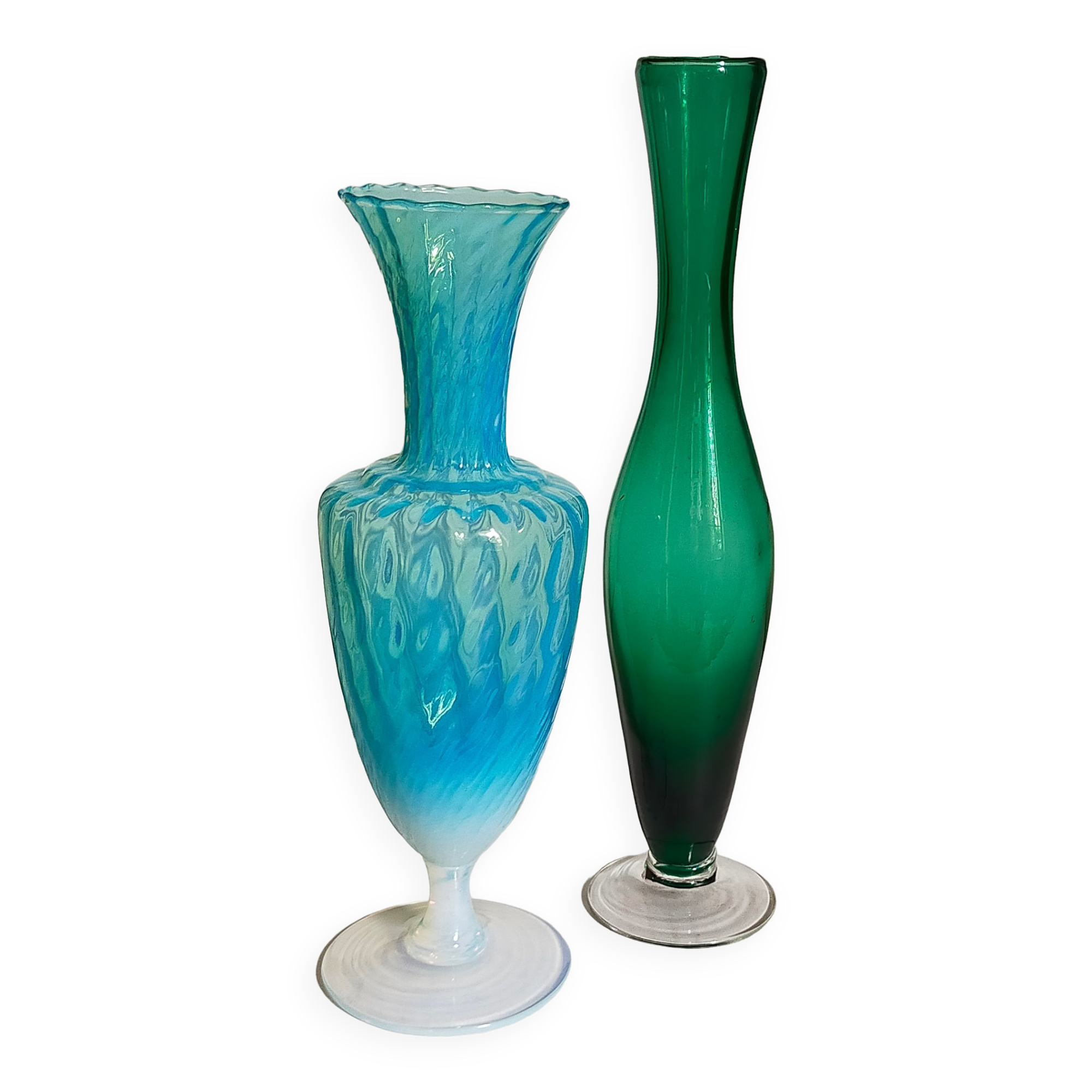 Duo of vintage blown glass soliflores vases