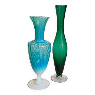 Duo of vintage blown glass soliflores vases