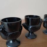 3 egg cups with black opaline glass hens Arcoroc 1980
