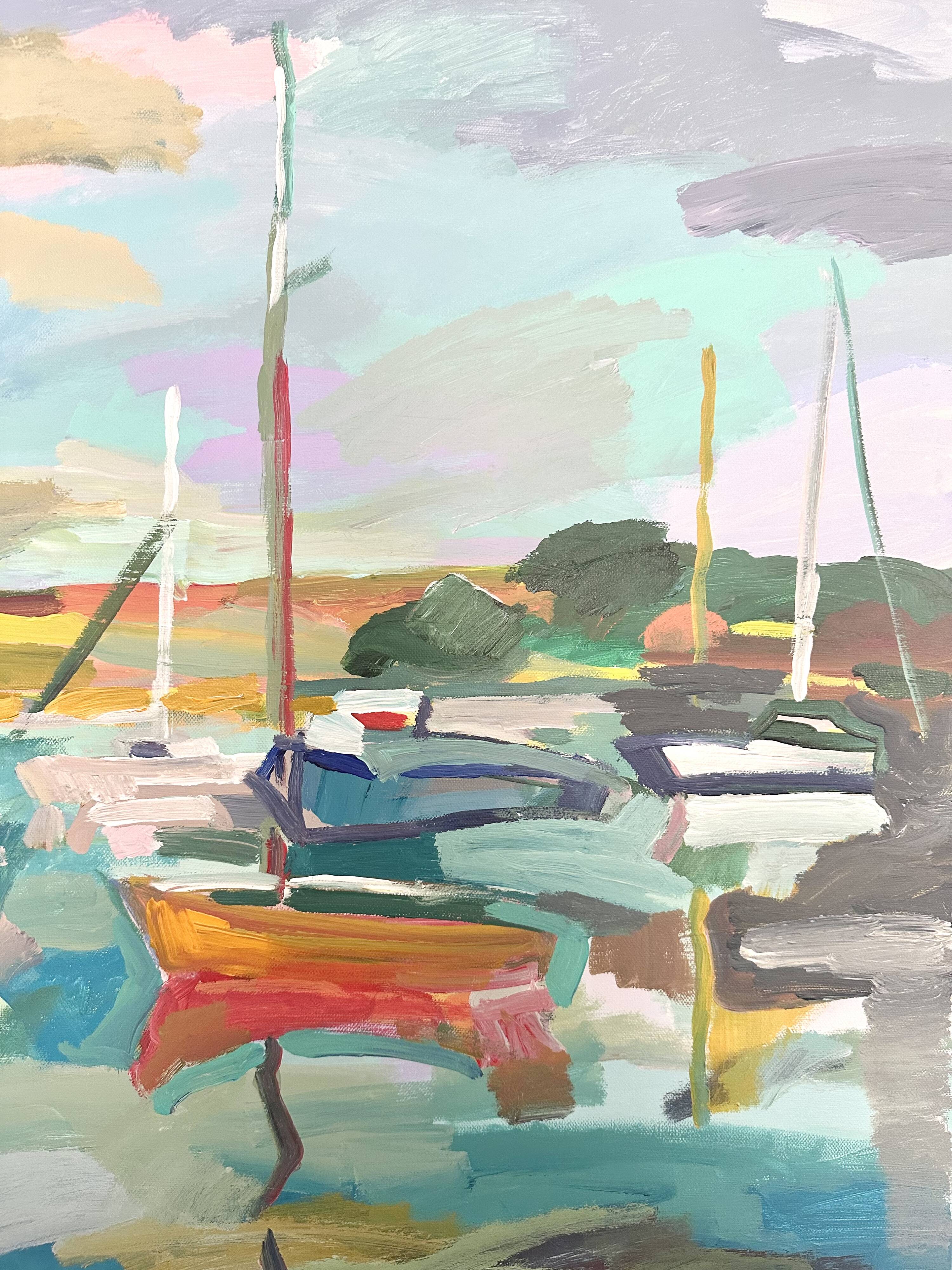 Oil on canvas port with sailing boats