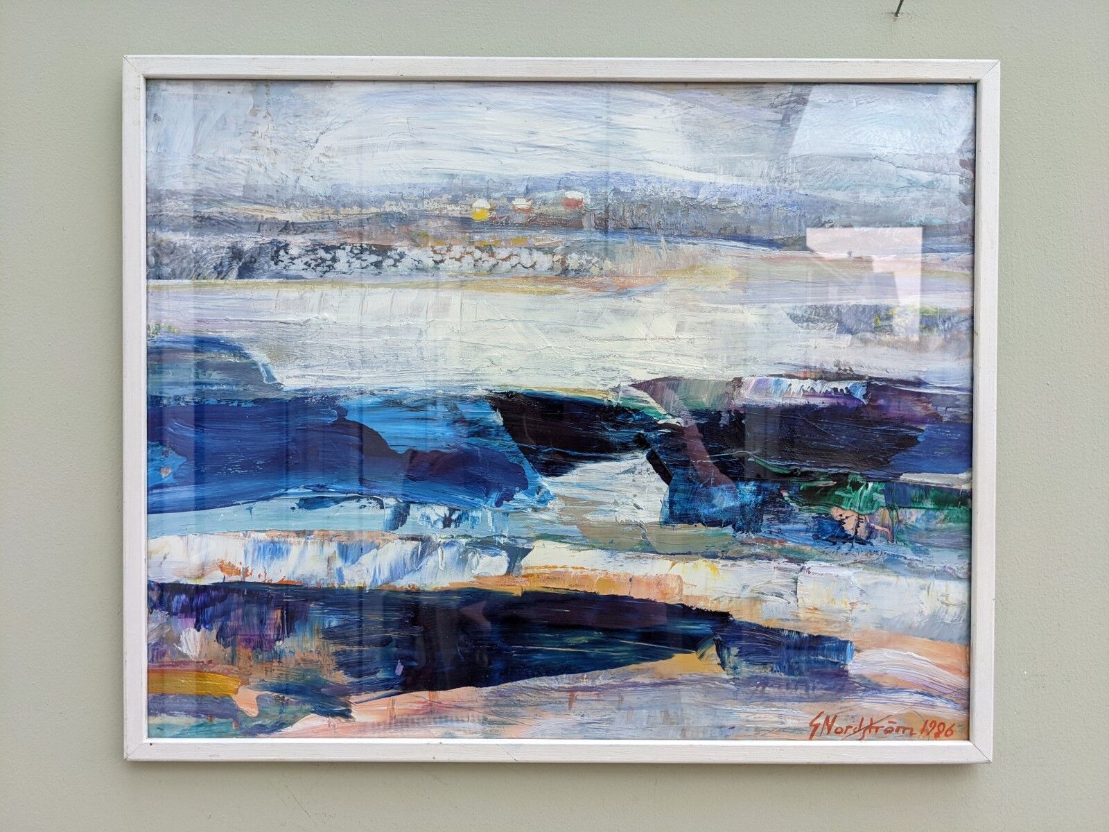 1995 Modern "Winter Blue" Swedish Abstract Modernist Landscape Oil Painting, Framed