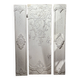 Wall decoration in three pieces, triptych of relief decoration on weathered wood, white and gold,