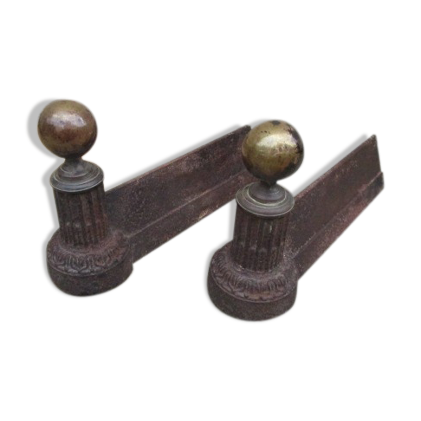 Pair of old cast iron chenets and brass ball
