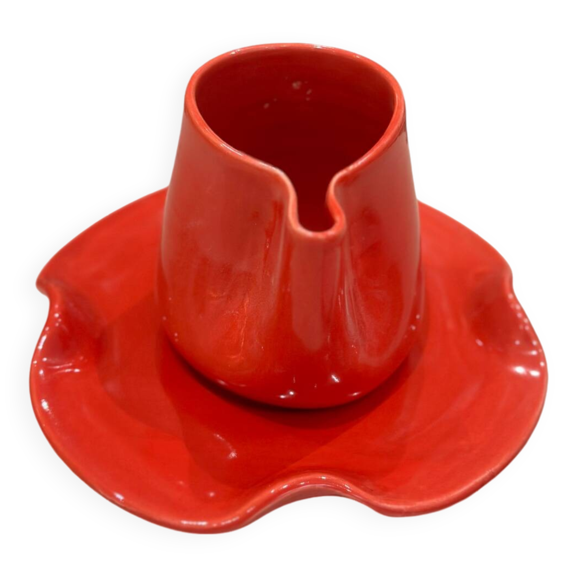 Set of ceramic artisan mugs with poppy red water lily design.