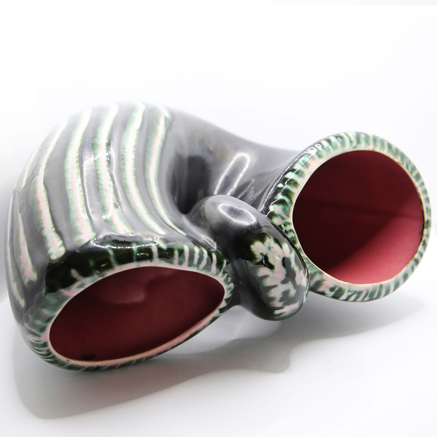 Black and green ceramic basket vase with white stripes from Bauzio in Vallauris, 1957