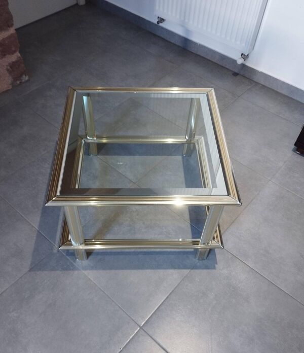 Table basse design, bicolore, chrome et doré, Maison Lancel, époque vintage 1960 -1970