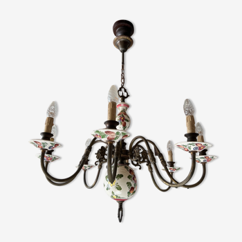 Porcelain chandelier and brass floral decoration