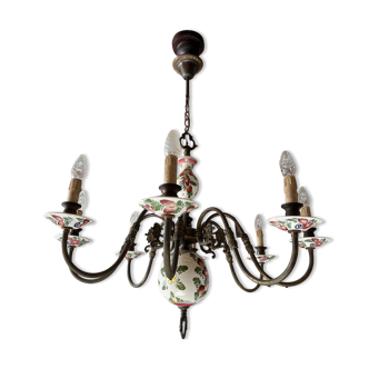 Porcelain chandelier and brass floral decoration