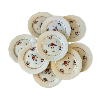 set of 9 Digoin Sarreguemines beige flat plates with pink flowers 1930s-40s