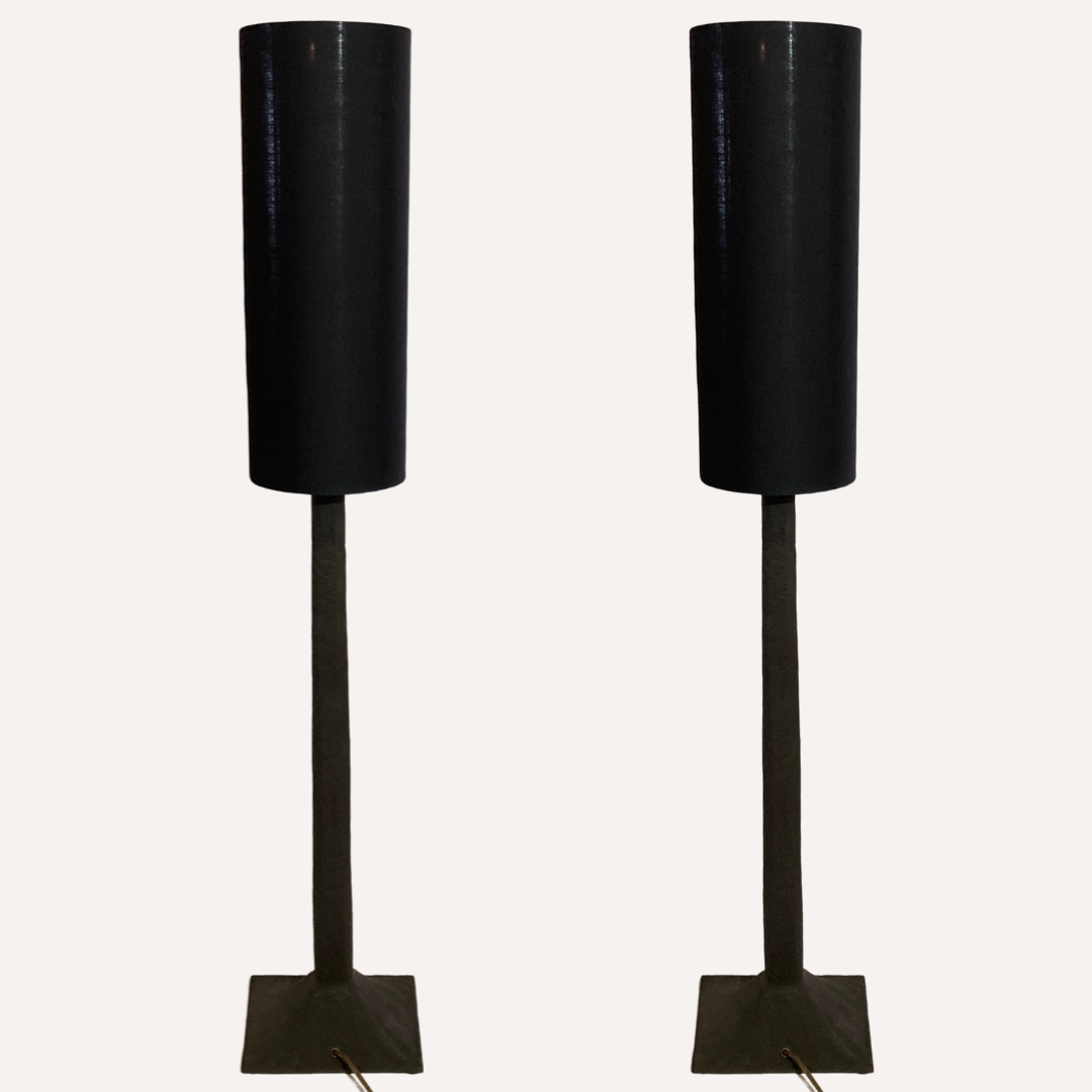 Pair vintage brutalist iron hammered floor or large table lamps, Germany.