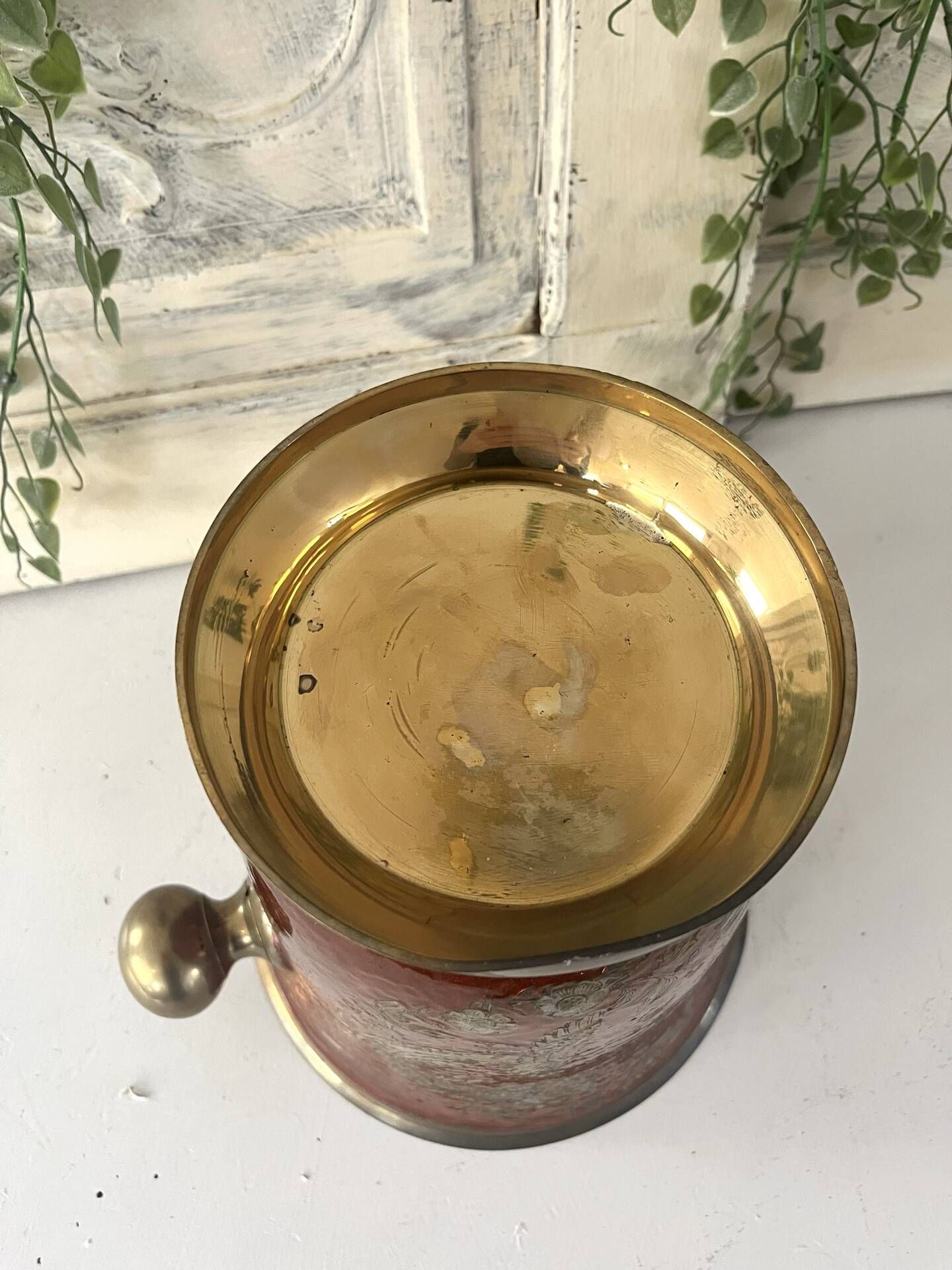 Ice Bucket, Enamel Red and Gold French Brass Champagne Cooler, Vintage