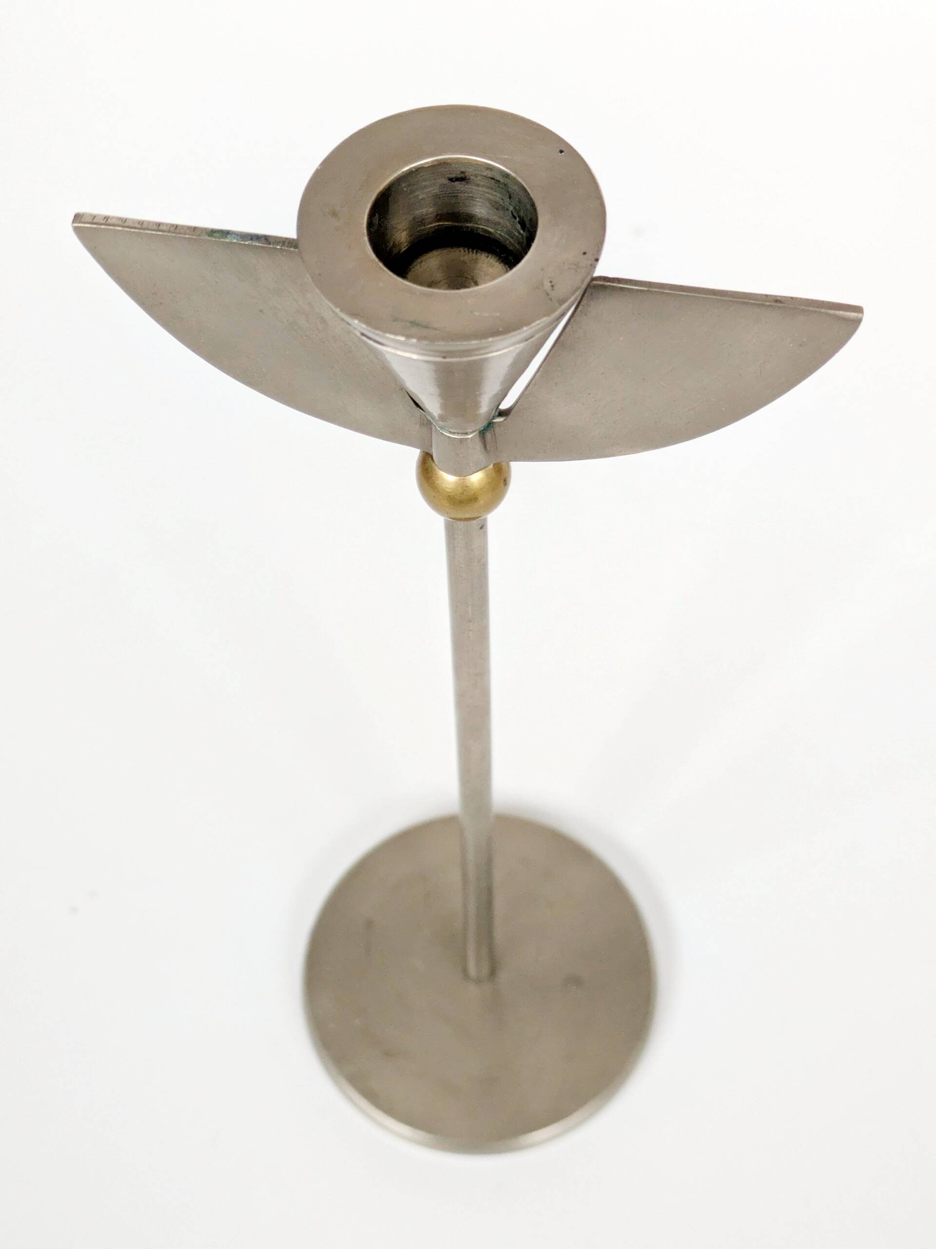 Pair of postmodern 1980s candlesticks, stainless steel and brass