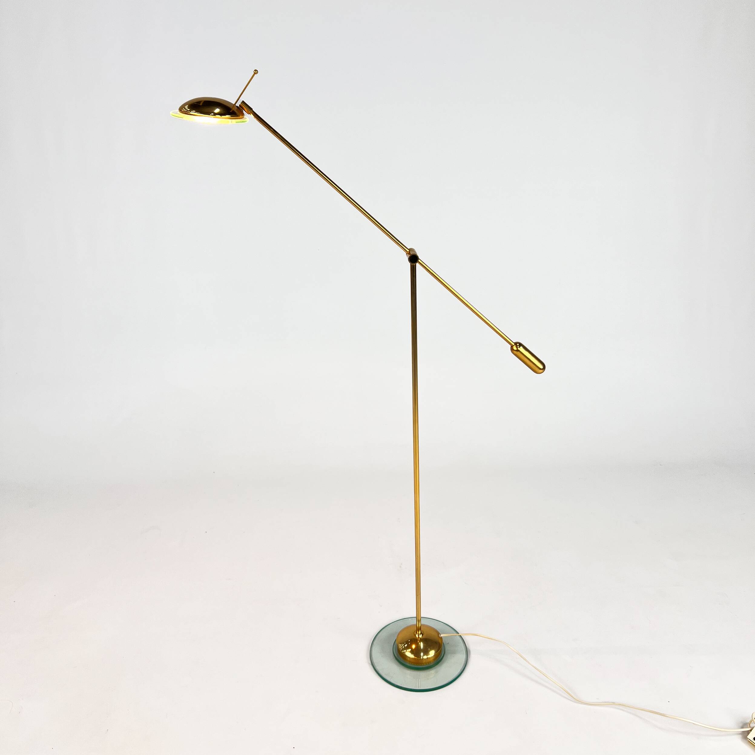 Dutch design brass and glass counter balance floorlamp by herda, 1970s
