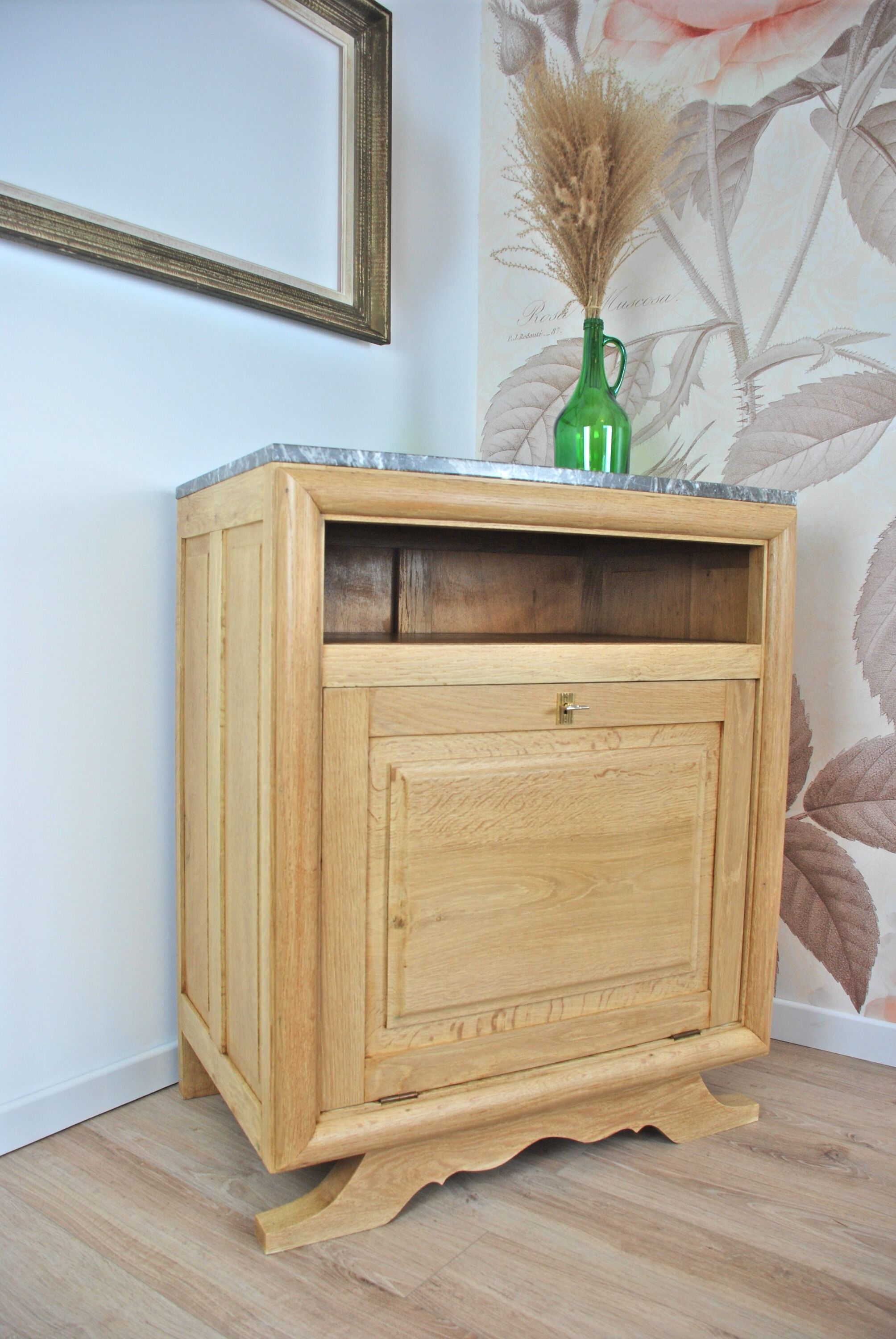 Meuble bar vintage en chêne massif avec plaque de marbre grise