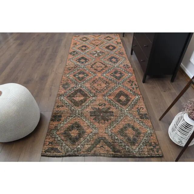 Vintage Turkish Oushak Handmade Wool Cotton Orange Runner Rug 107x290