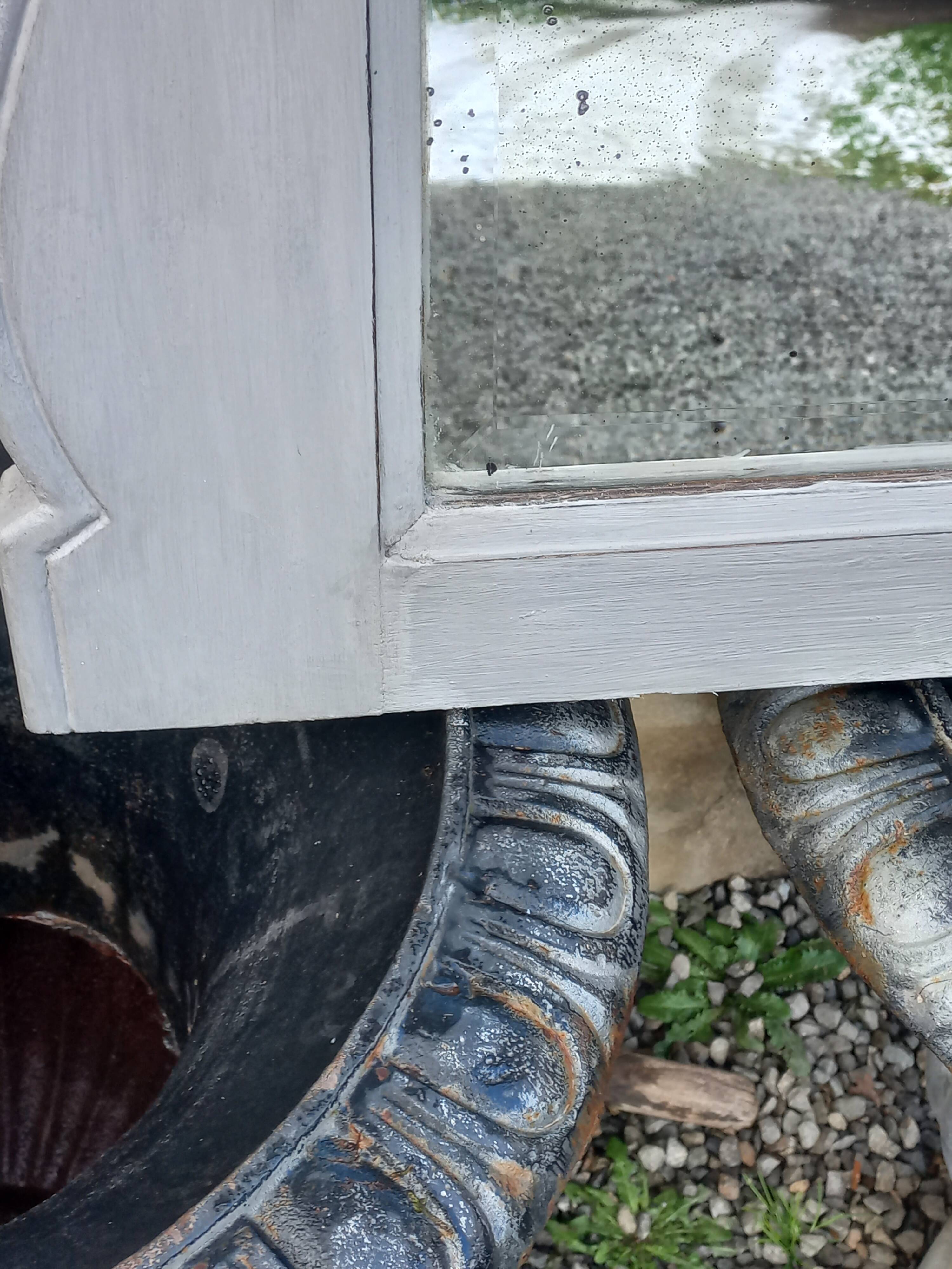 Antique Louis XV style mirror in solid oak with grey patina, 131cm.
