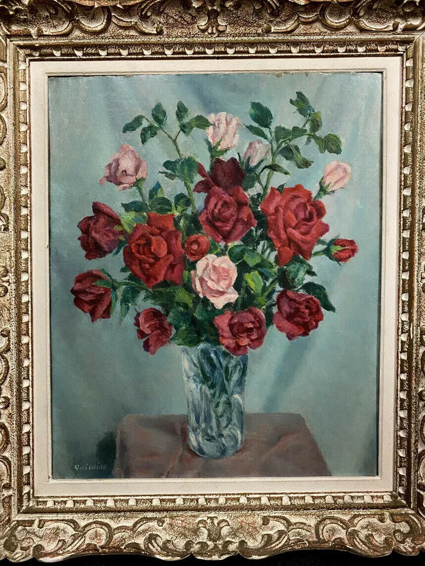 Oil painting on panel still life with roses in a vase