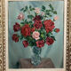 Oil painting on panel still life with roses in a vase
