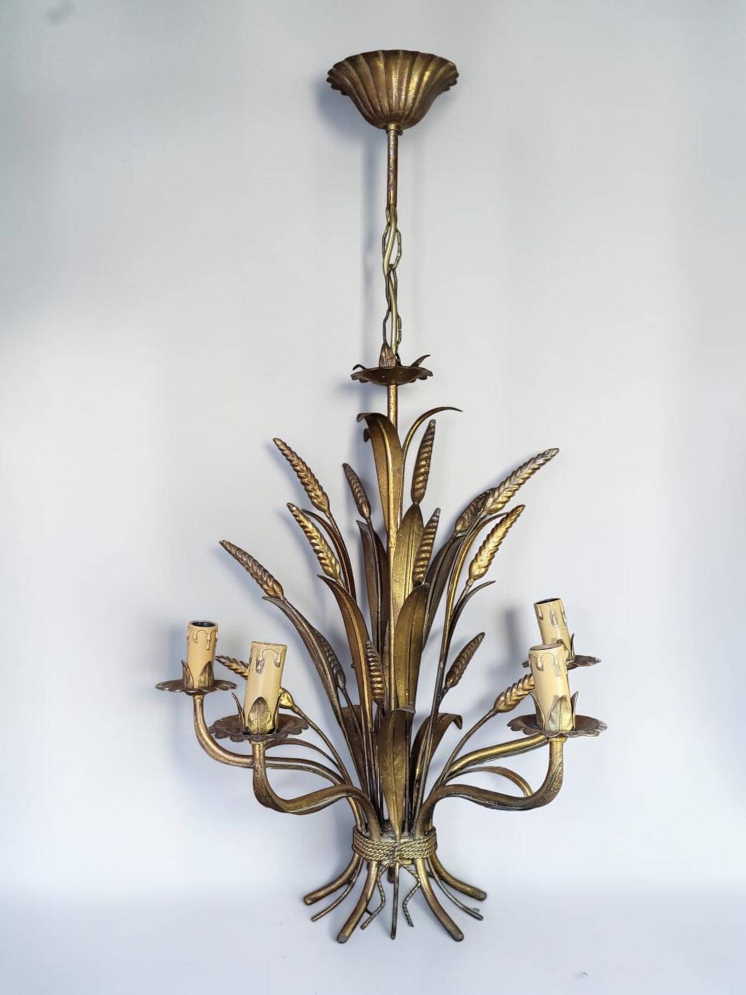 Golden metal chandelier Hollywood Regency, Hans Kögl 1970s