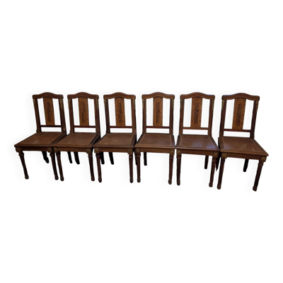 Suite de 6 chaises Louis XVI en bois marqueté et cannage