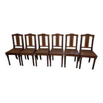 Set of 6 Louis XVI chairs in marquetry wood and caning.