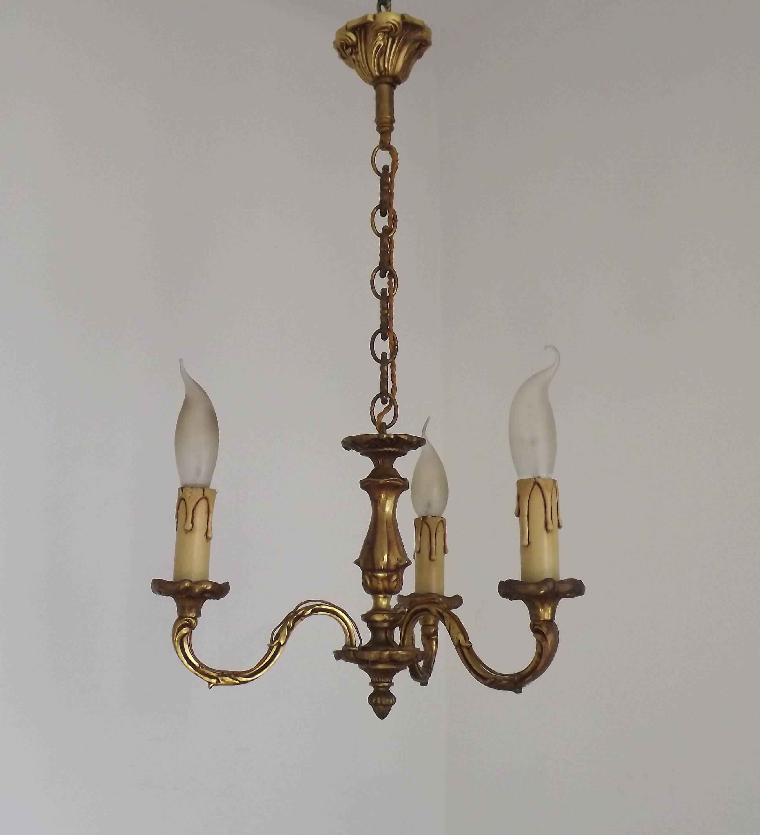 French Antique Art Nouveau Style 3-Light Quality Bronze Chandelier