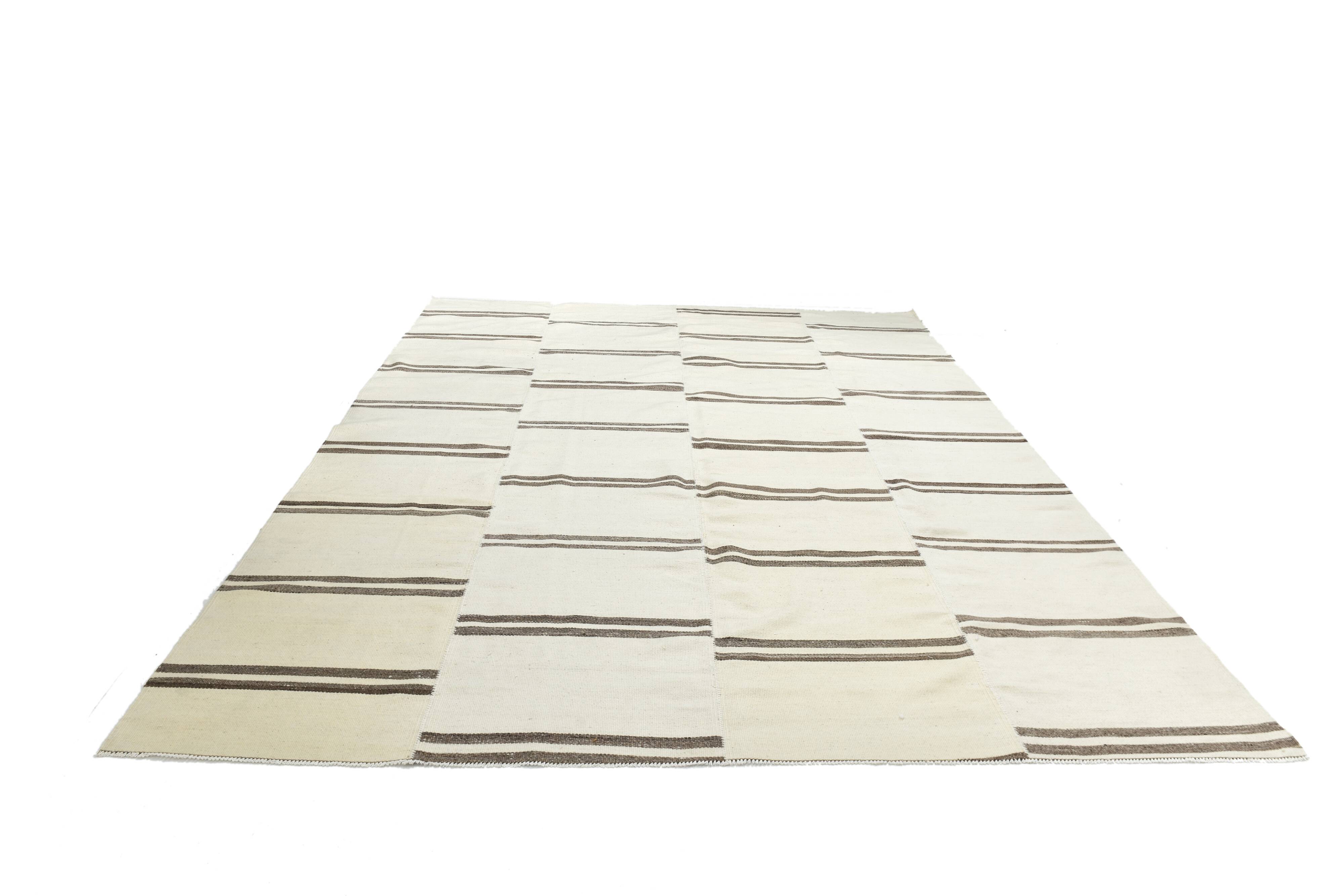 8x10 Large Beige & Brown Striped Pattern Handwoven Kilim Rug, 246x316 Cm