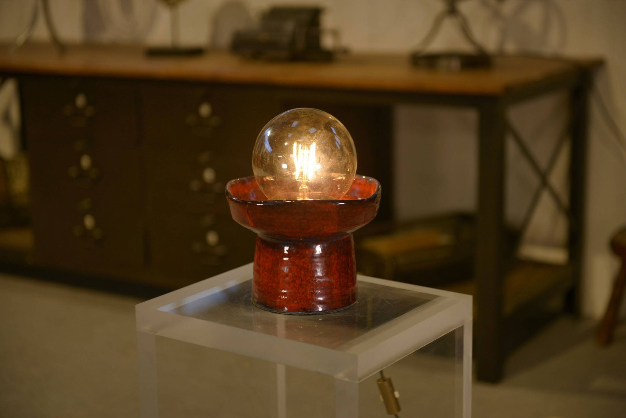 Red ceramic table lamp by Guillerme and Chambron 1980s