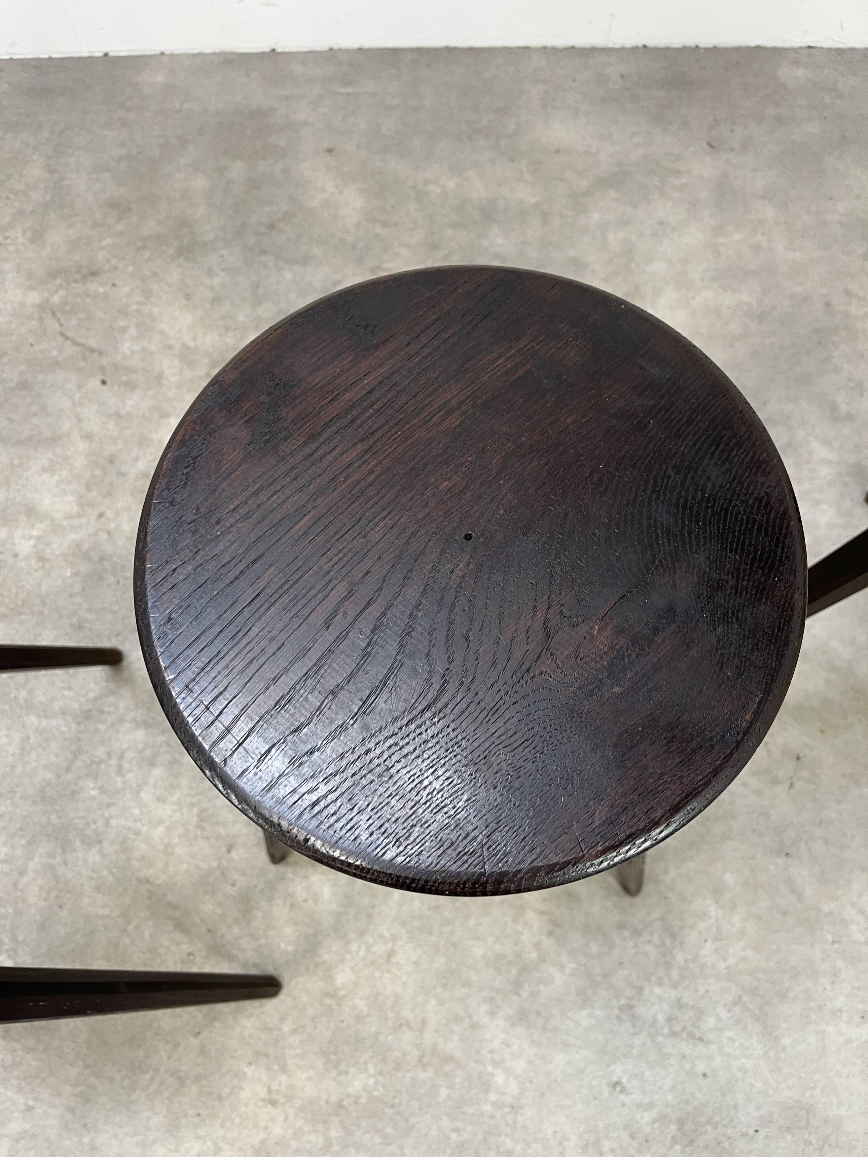 4 brutalist tripod bar stools, solid wood, 1950s