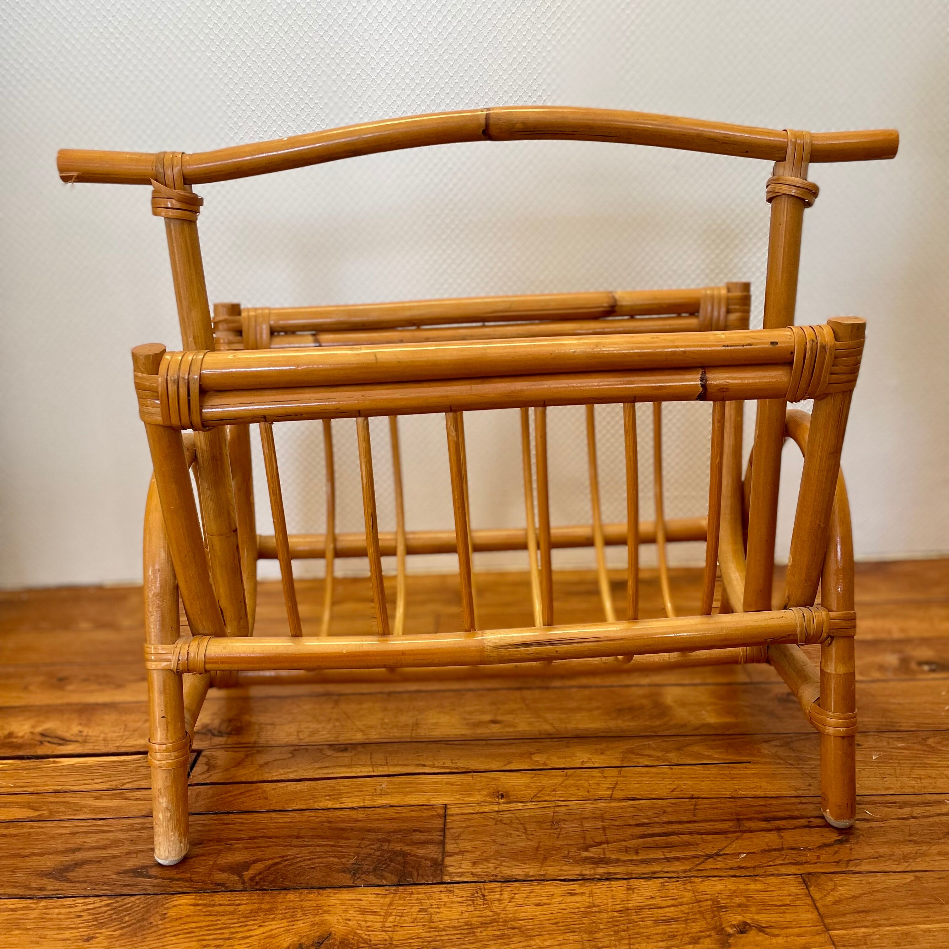 Vintage rattan magazine holder from the 60s and 70s