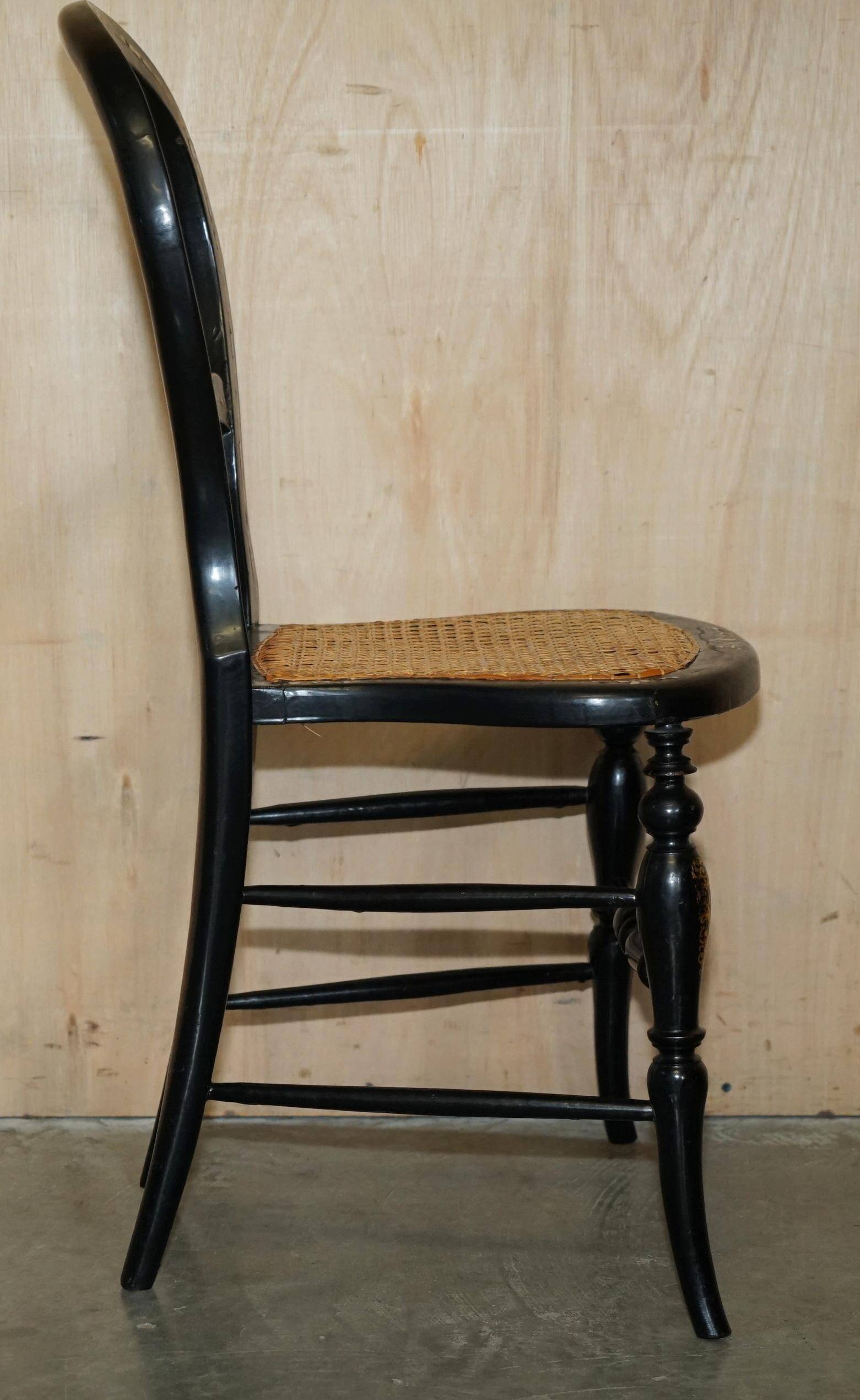 Four antique Regency bergère chairs with mother-of-pearl inlay.